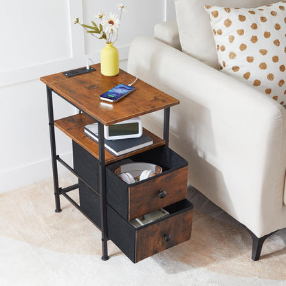 HOOBRO Retro Brown Side Table with Charging Station &Two Non-woven Fabric Drawers / 2PICS