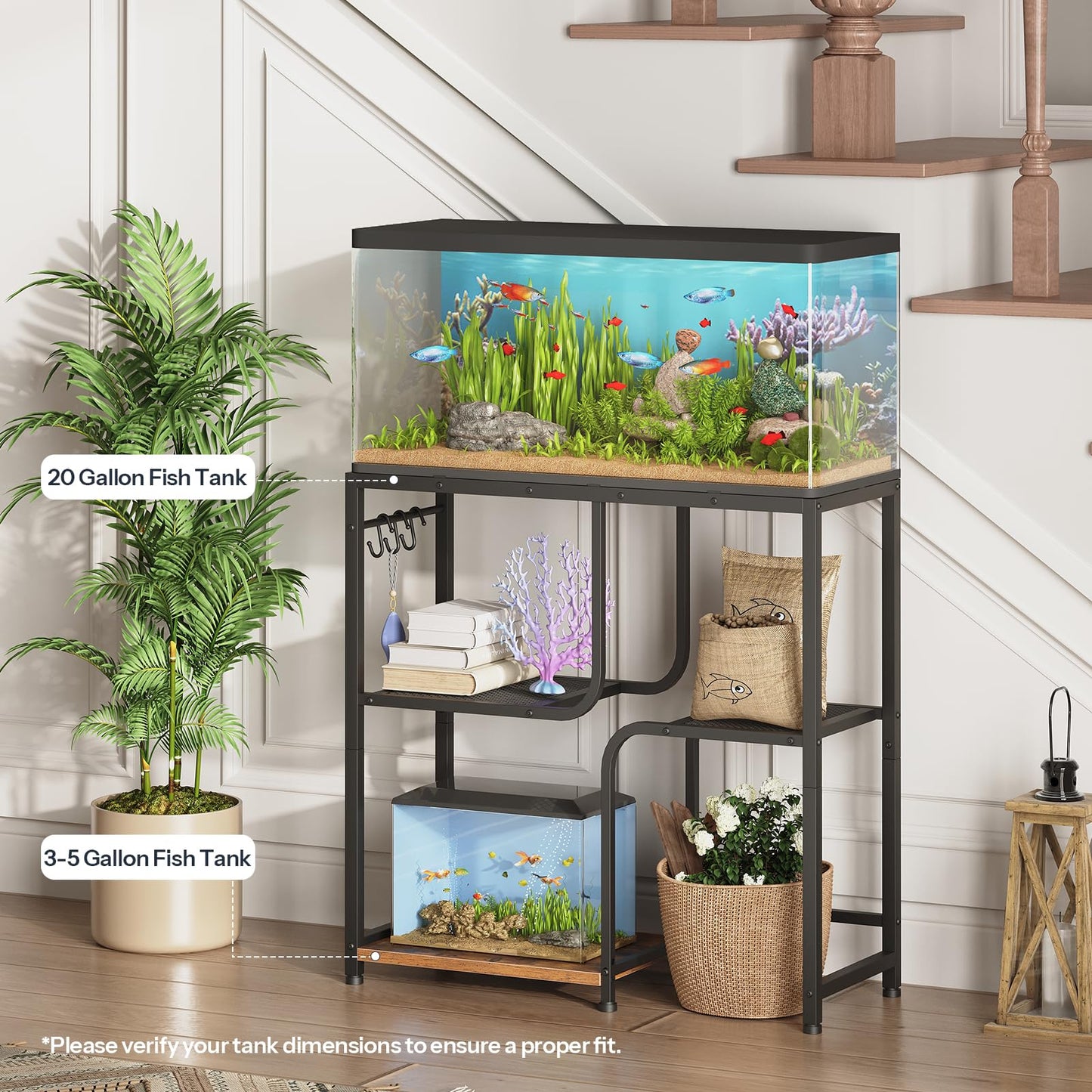 Fish tank with shelves in a room setting with plants and decor.