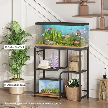 Fish tank with shelves in a room setting with plants and decor.