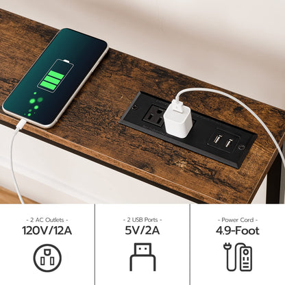 HOOBRO Brown 63-inch Narrow Console Table with Charging Station & 2 Power Outlets & USB Port