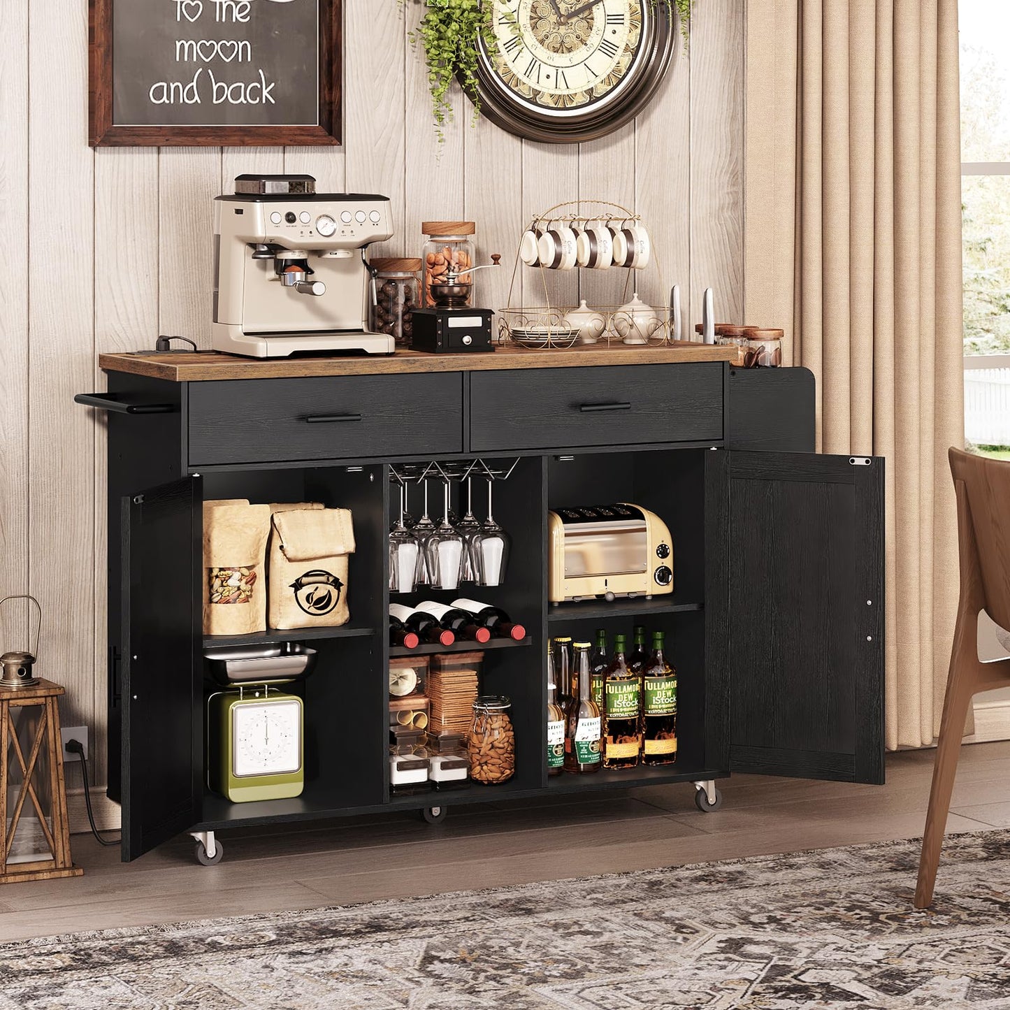 HOOBRO Rolling Kitchen Island with Power Outlet & Wine Storage