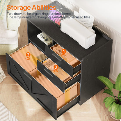 HOOBRO Wooden Lateral File Cabinet with Charging Station