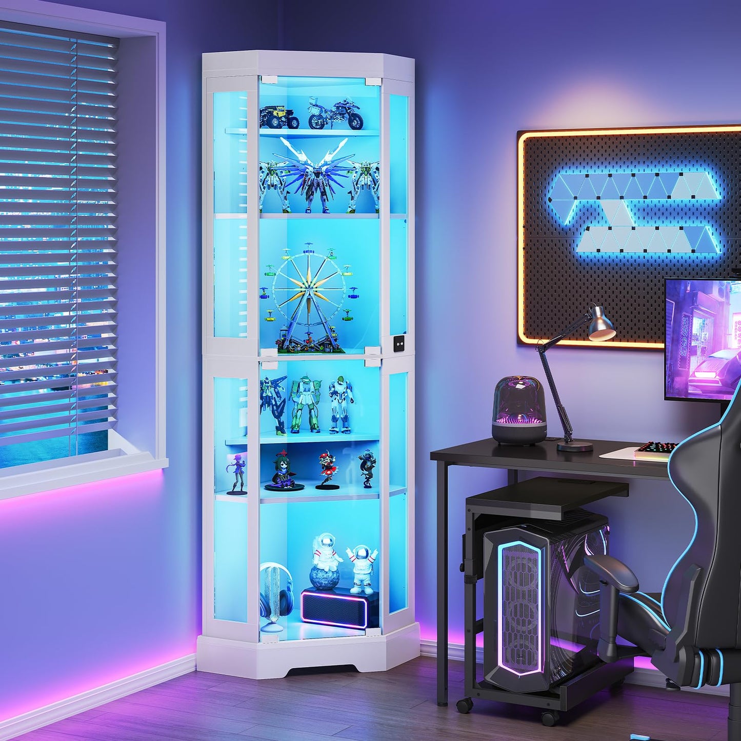 Room interior with a corner display cabinet, gaming desk, and neon sign.