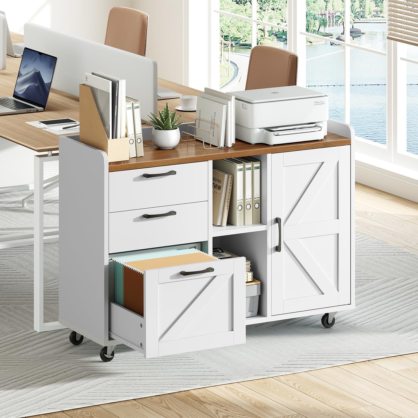 HOOBRO White Farmhouse Style Wooden Side-Pull Filing Cabinet with Charging Station & 3 Drawers & Cabinet Door