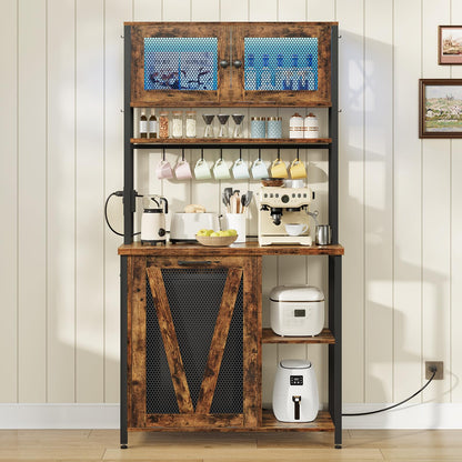 HOOBRO 6-Tier Microwave Baking Rack with Trash Can Cabinet & LED Strip & Outlet