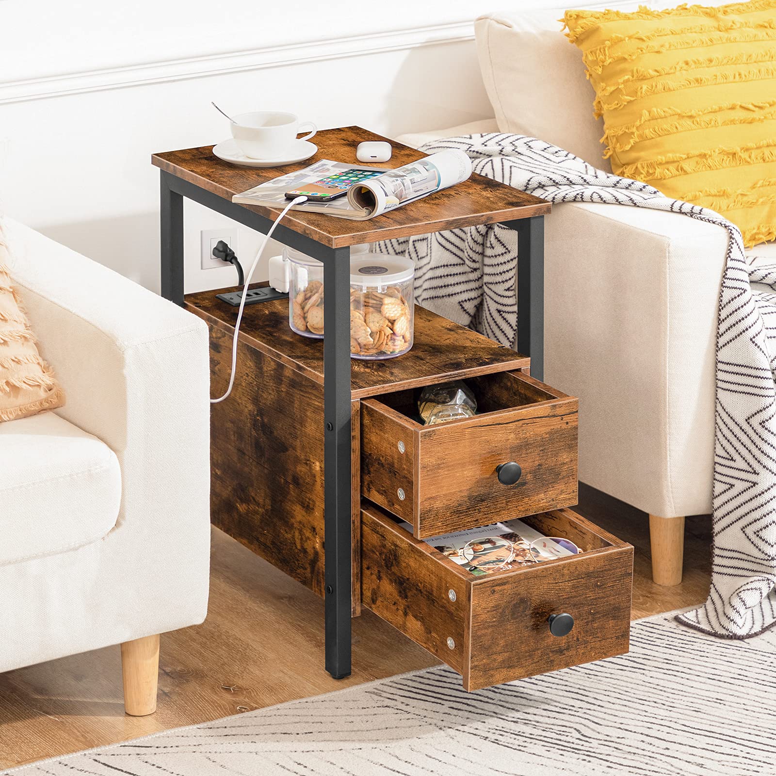 Wooden side table with drawers in a living room setting