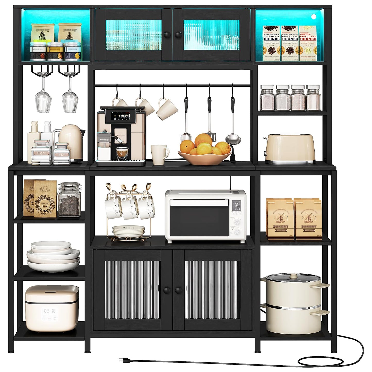 HOOBRO 59.1-inch Bakers Rack with Power Outlet and LED Light