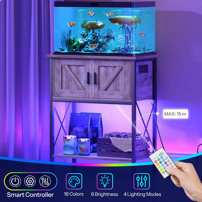 Aquarium with wooden stand and remote control in a room setting
