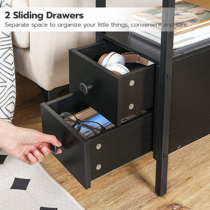 HOOBRO Black Side Table with Charging Station, Drawer, USB Port, and Power Outlet / 2PICS