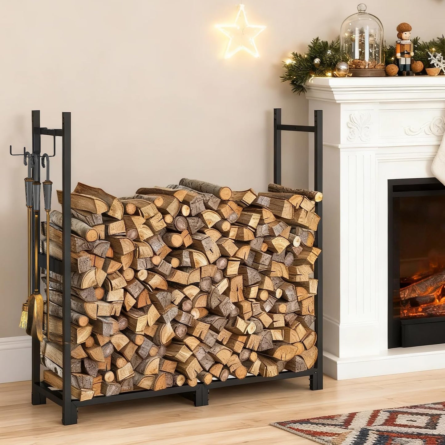 HOOBRO 4FT Adjustable Firewood Rack with 2 Hooks & Cover