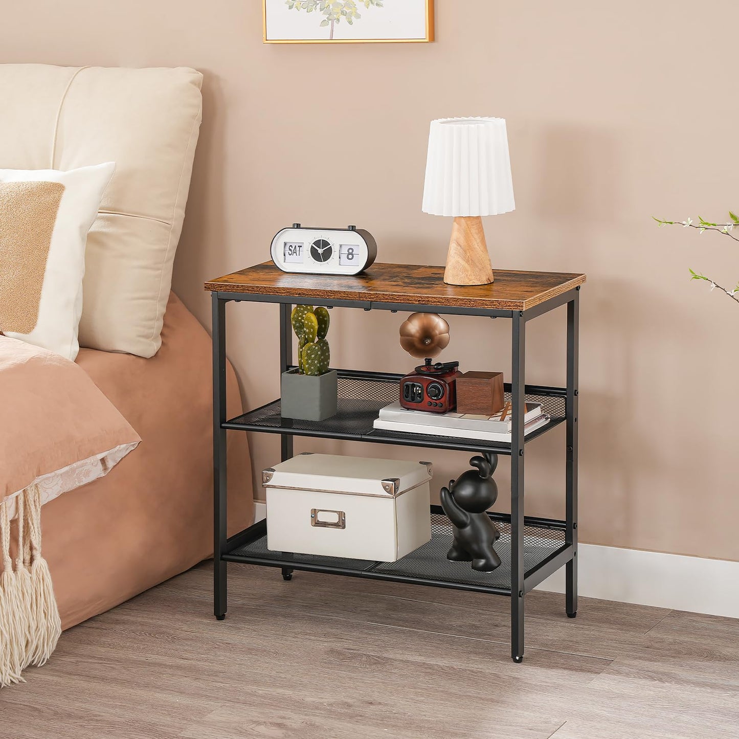HOOBRO Retro Brown Three-Tier Narrow Side Table with Two Adjustable Flat Shelves