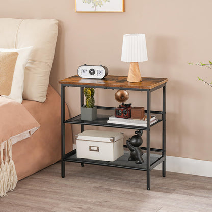HOOBRO Retro Brown Three-Tier Narrow Side Table with Two Adjustable Flat Shelves