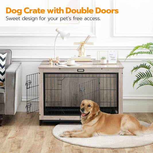 HOOBRO 38.6-inch Wooden Large Dog Crate Furniture with Pull-out Tray