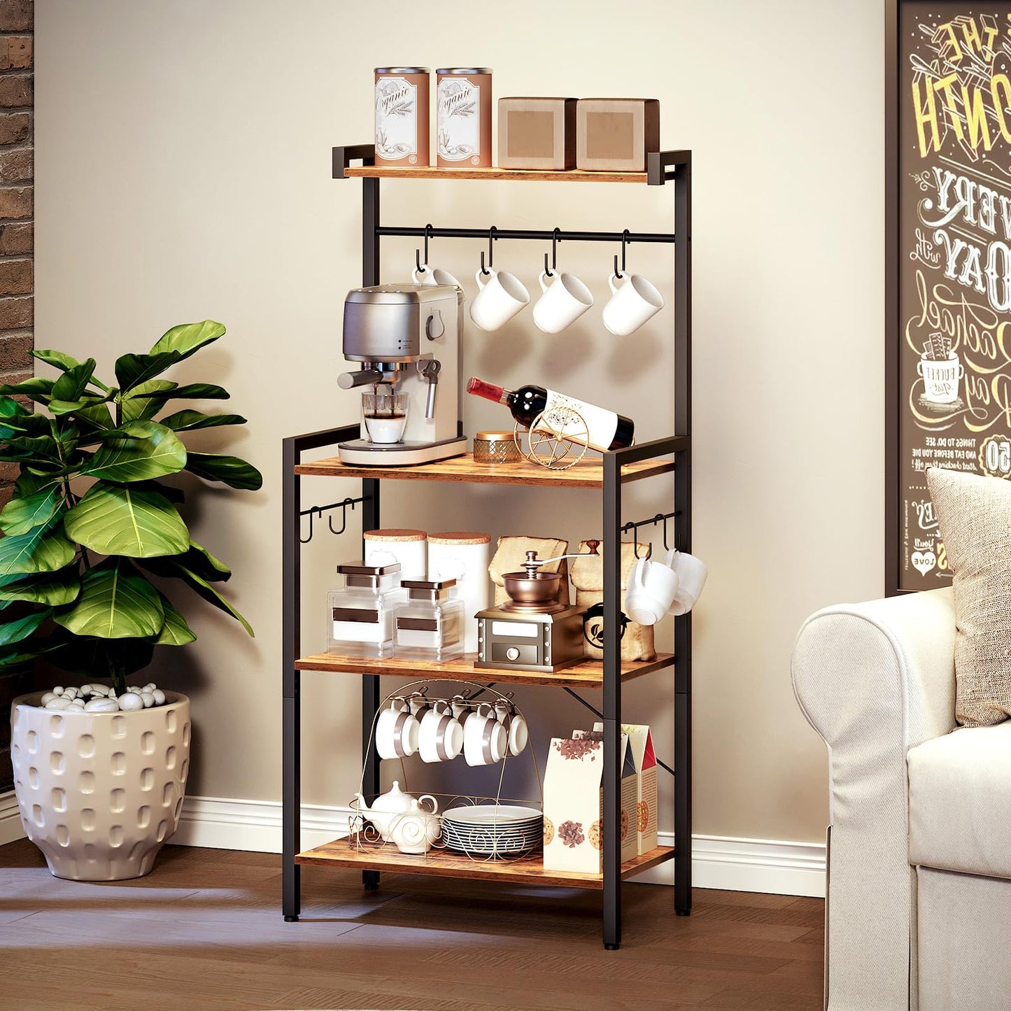 Multilevel shelf with kitchen items in a home setting