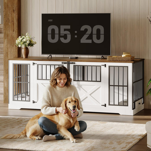 HOOBRO 71.9-inch Farmhouse Style Double Dog Cage Furniture with Removable Divider