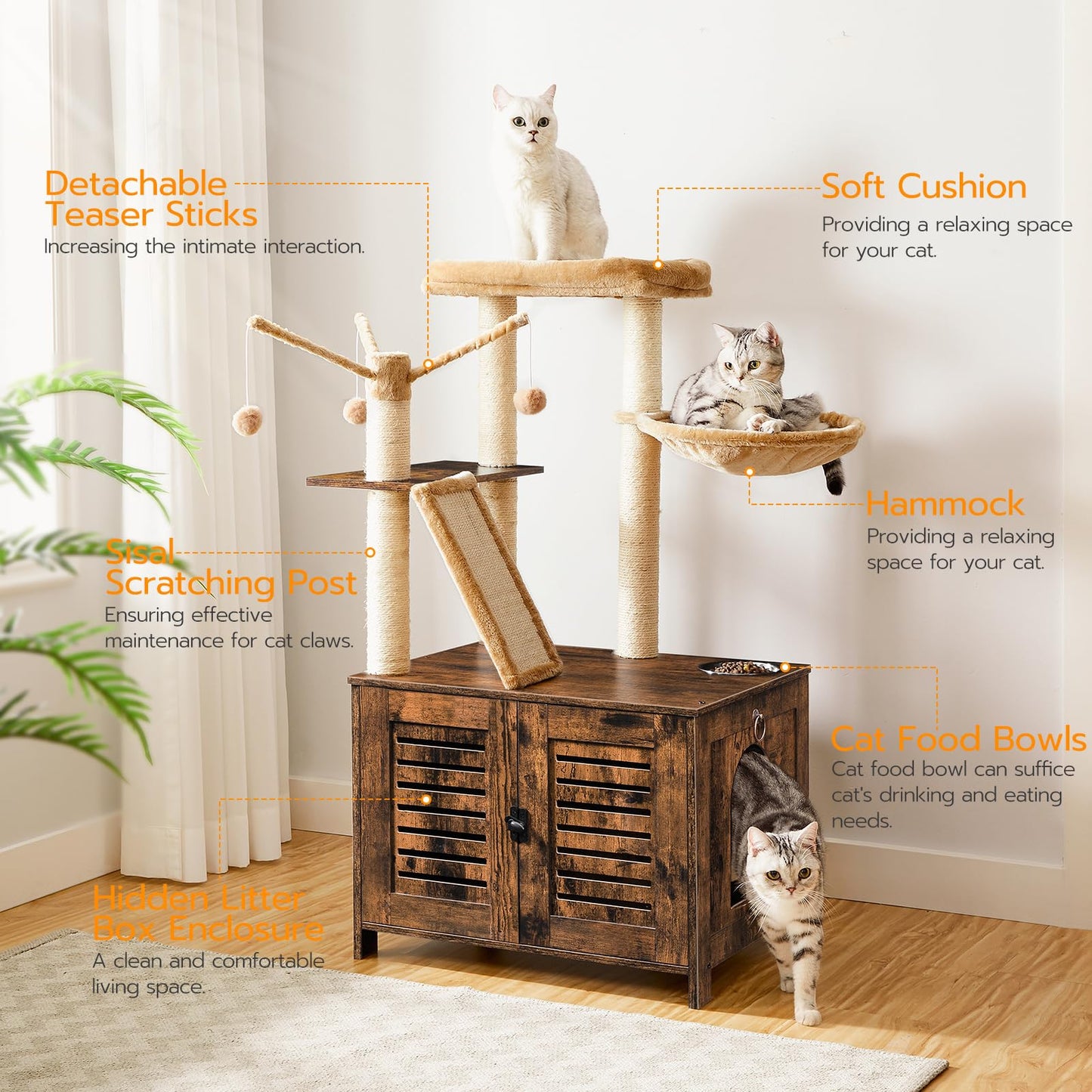HOOBRO Cat Tree with Hidden Litter Box Enclosure & Scratching Posts