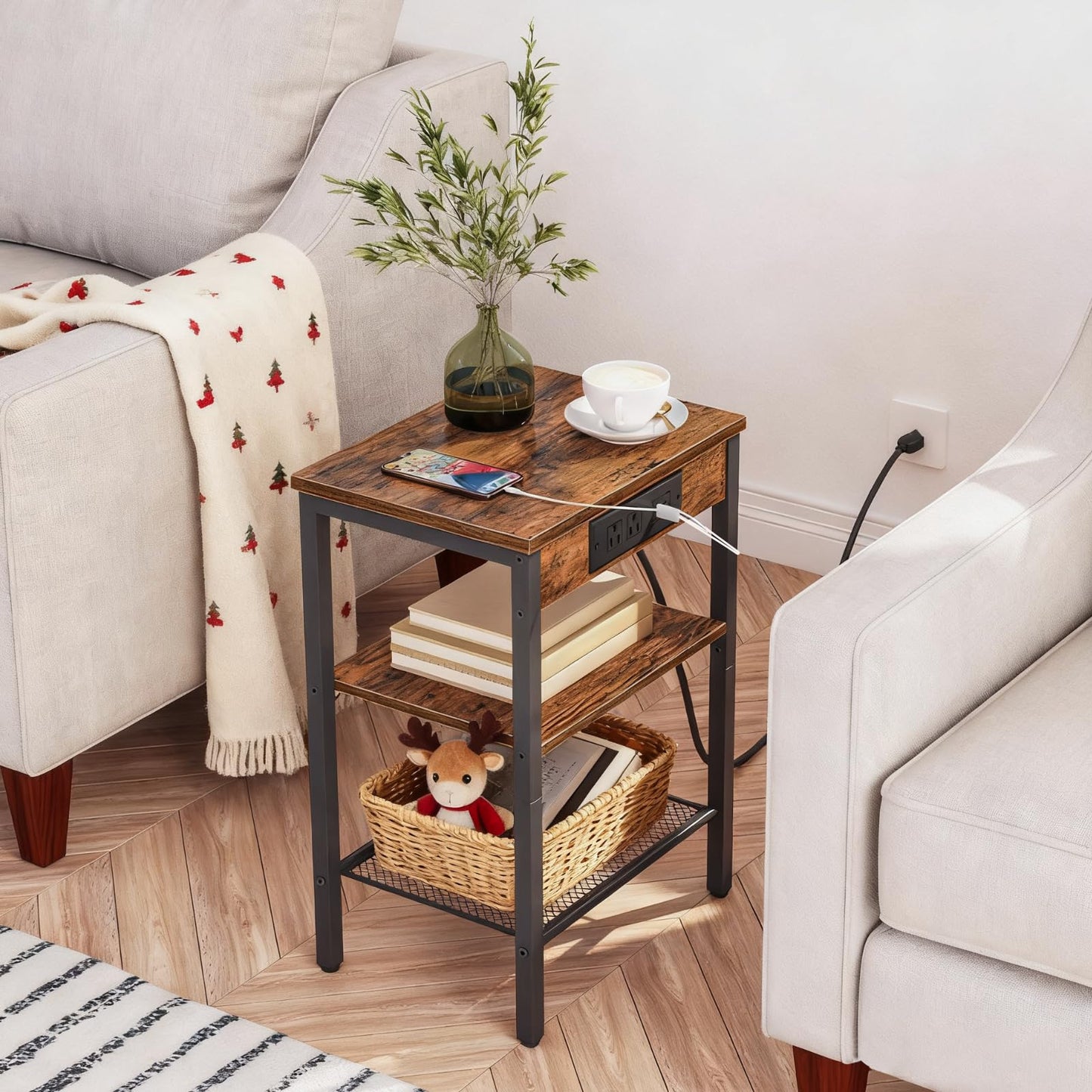 HOOBRO Retro Brown Three-Layer Adjustable Side Table with Charging Station & USB Port