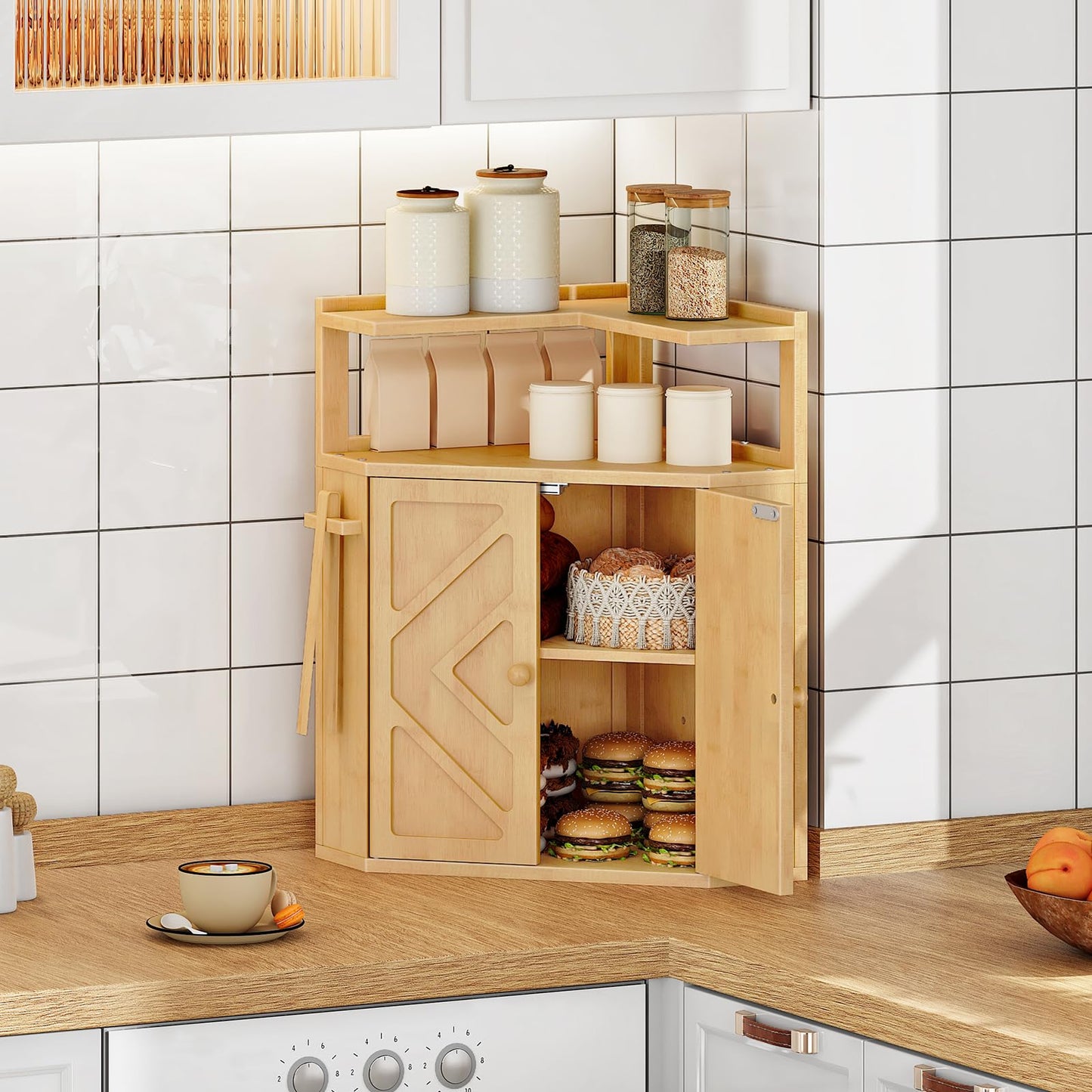 HOOBRO Bamboo Corner Bread Box for Kitchen