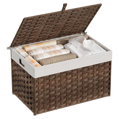 HOOBRO Storage Basket with Lid, 17.2 Gallon (65L) Wicker Basket, Handwoven Blanket Storage Basket with Handles, Metal Frame and Soft Lining, Foldable for Bedroom, Laundry Room, Brown BR265CW01