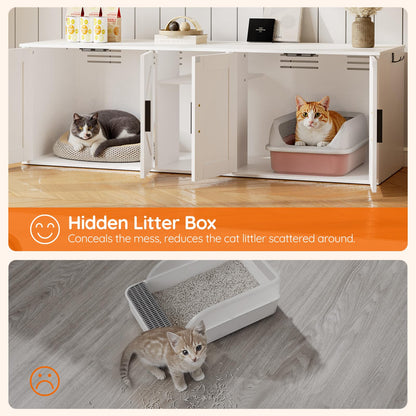HOOBRO White Wooden Concealed Double-Layer Litter Box Cabinet with Aisle & Storage Shelves & Hooks