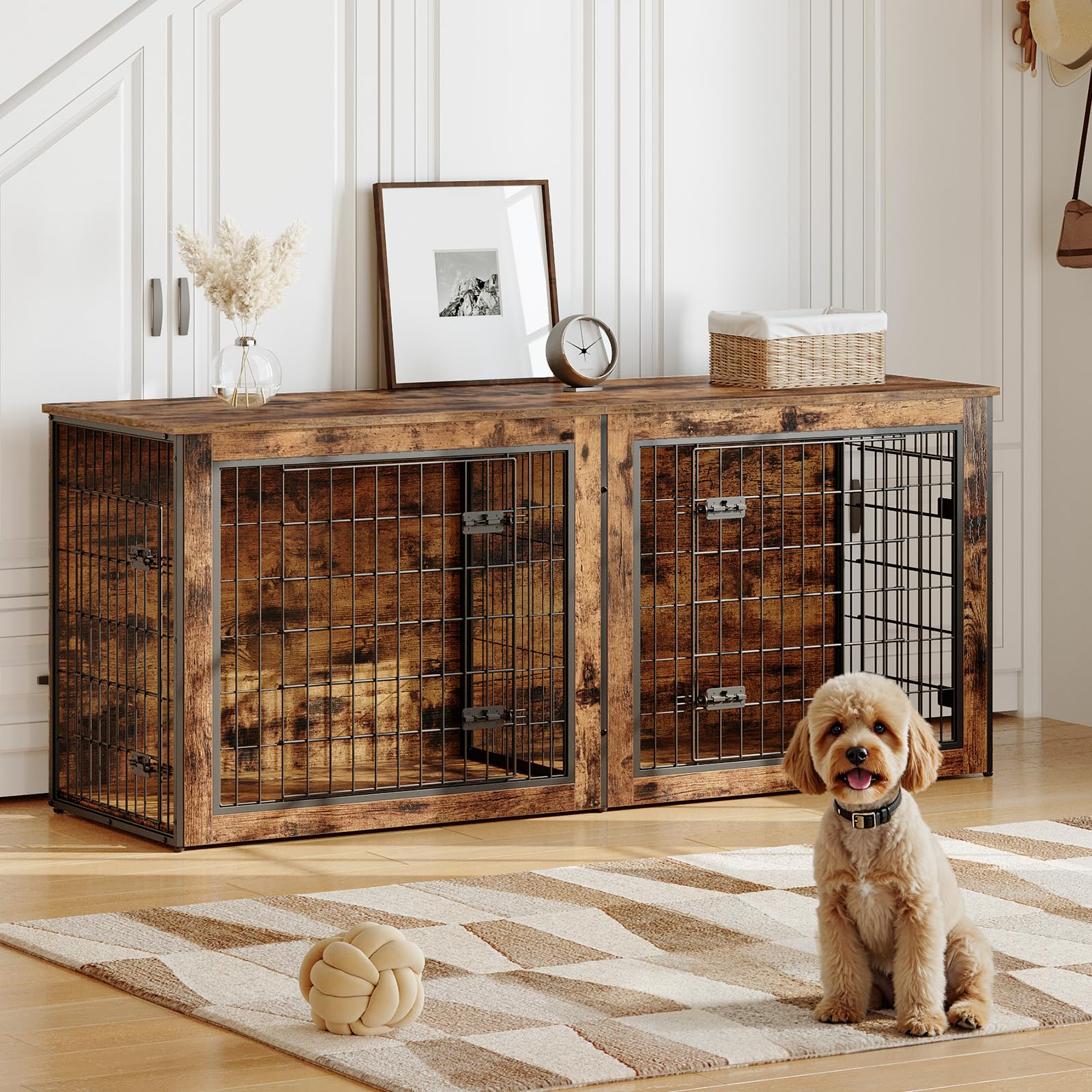 HOOBRO Large Double Dog Crate Furniture with Removable Divider