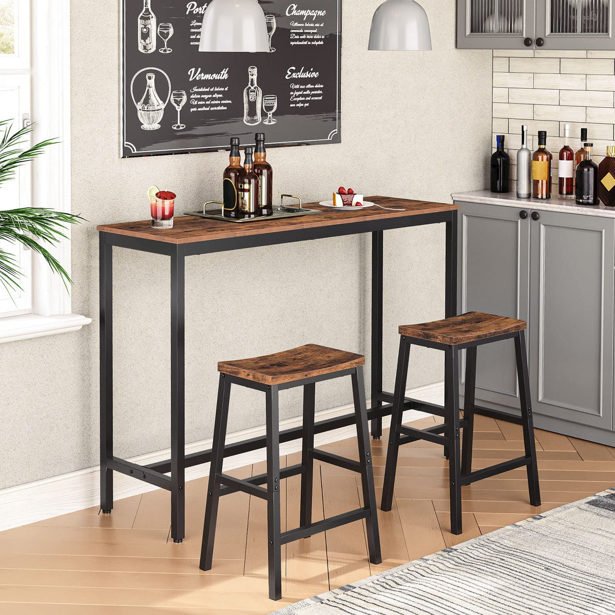 HOOBRO Bar Stools, Set of 2 Bar Chairs, 23.6 Inch Saddle Stools, Kitchen Counter Seat with Footrests, Industrial Barstools for Dining Room, Kitchen, Counter, Rustic Brown and Black BF02MD01