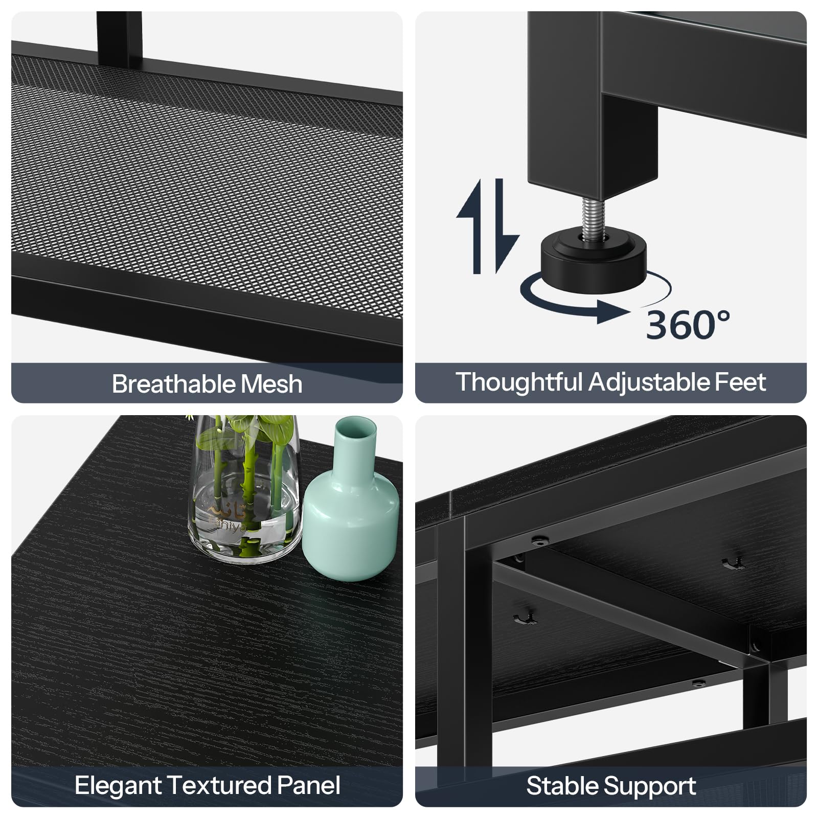 Collage of a black office desk with features highlighted: breathable mesh, adjustable feet, elegant textured panel, and stable support.