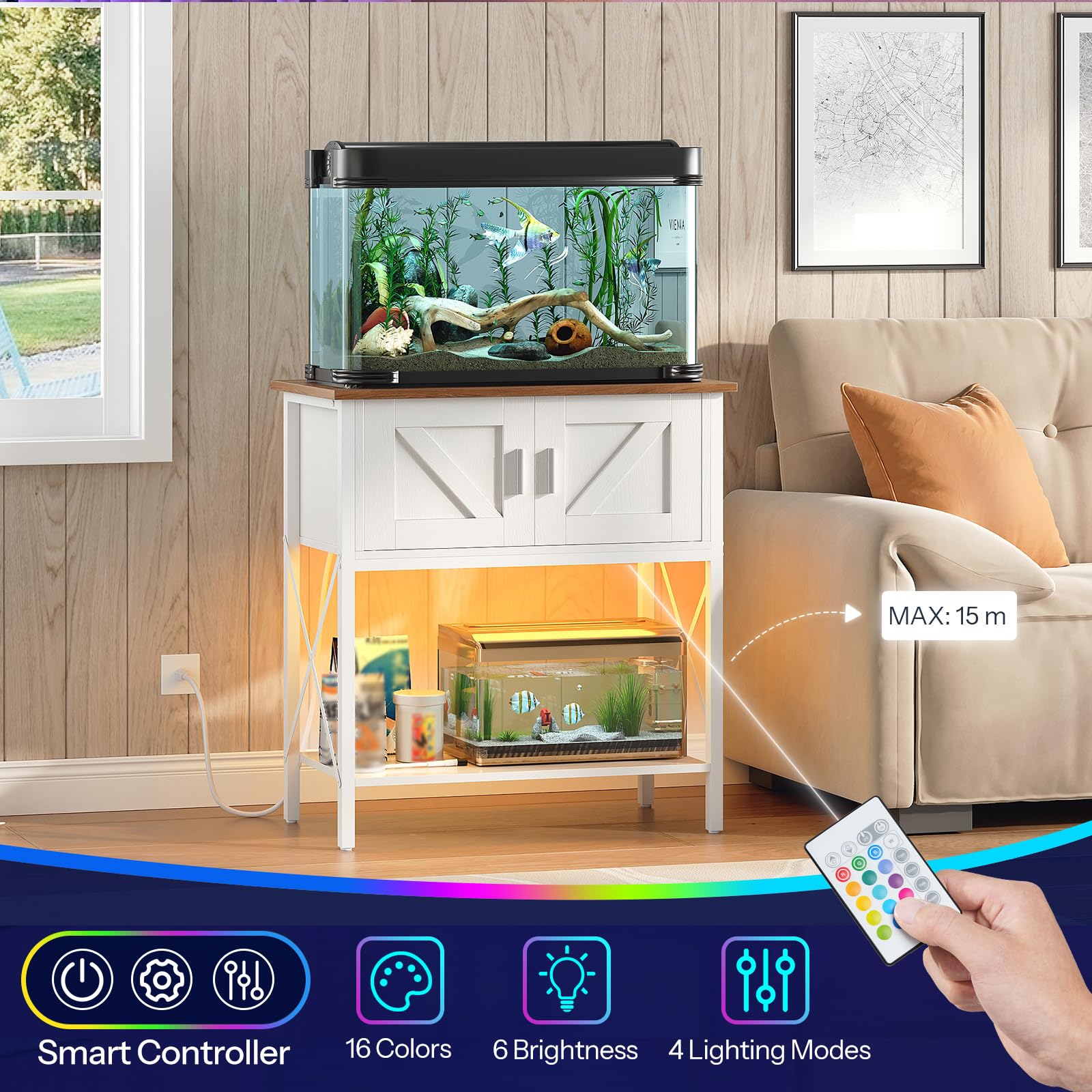 Fish tank on a stand with a remote control in a living room setting