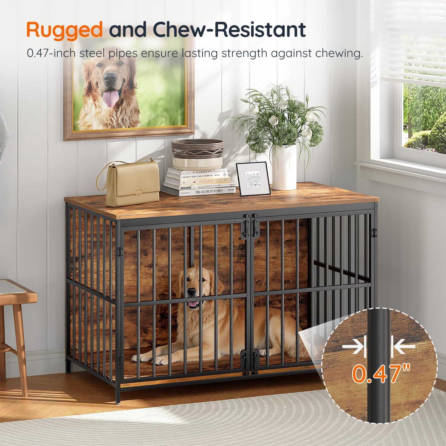 HOOBRO Vintage Brown 46.5-inch Wooden Large Dog Cage with Decorative Side Table