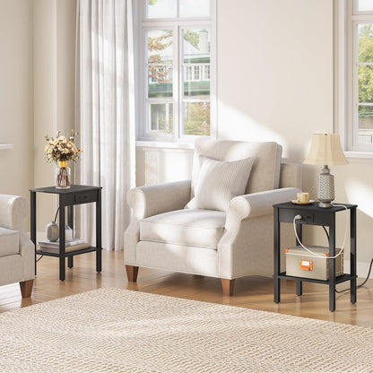 HOOBRO Black Side Table with Double Storage Shelf & USB Power Outlet /2PICS