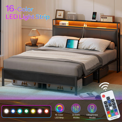 HOOBRO Queen Metal Bed Frame with LED Lights & Headboard Shelves