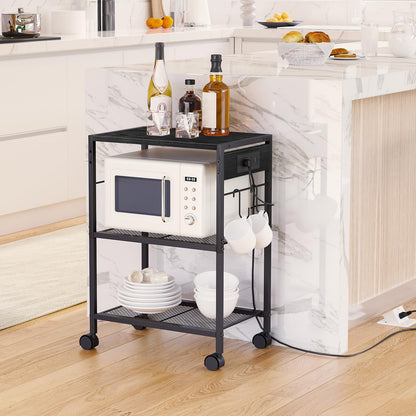 HOOBRO Black Industrial Style Three-Tier Movable Printer Stand with Wheels & Power Outlet & USB Port &2 Hooks