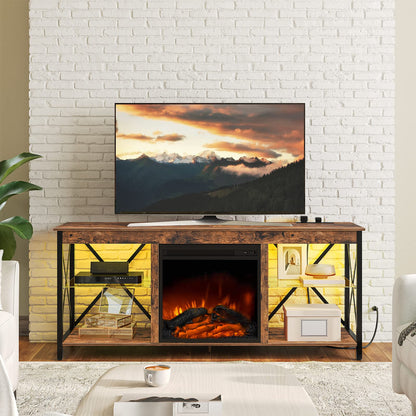 HOOBRO Vintage Brown Glass Shelf Fireplace TV Stand with Charging Station & LED Lights