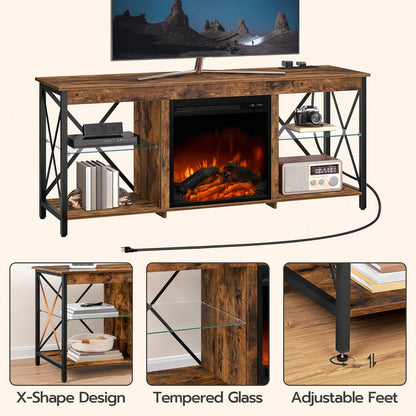HOOBRO Vintage Brown Glass Shelf Fireplace TV Stand with Charging Station & LED Lights
