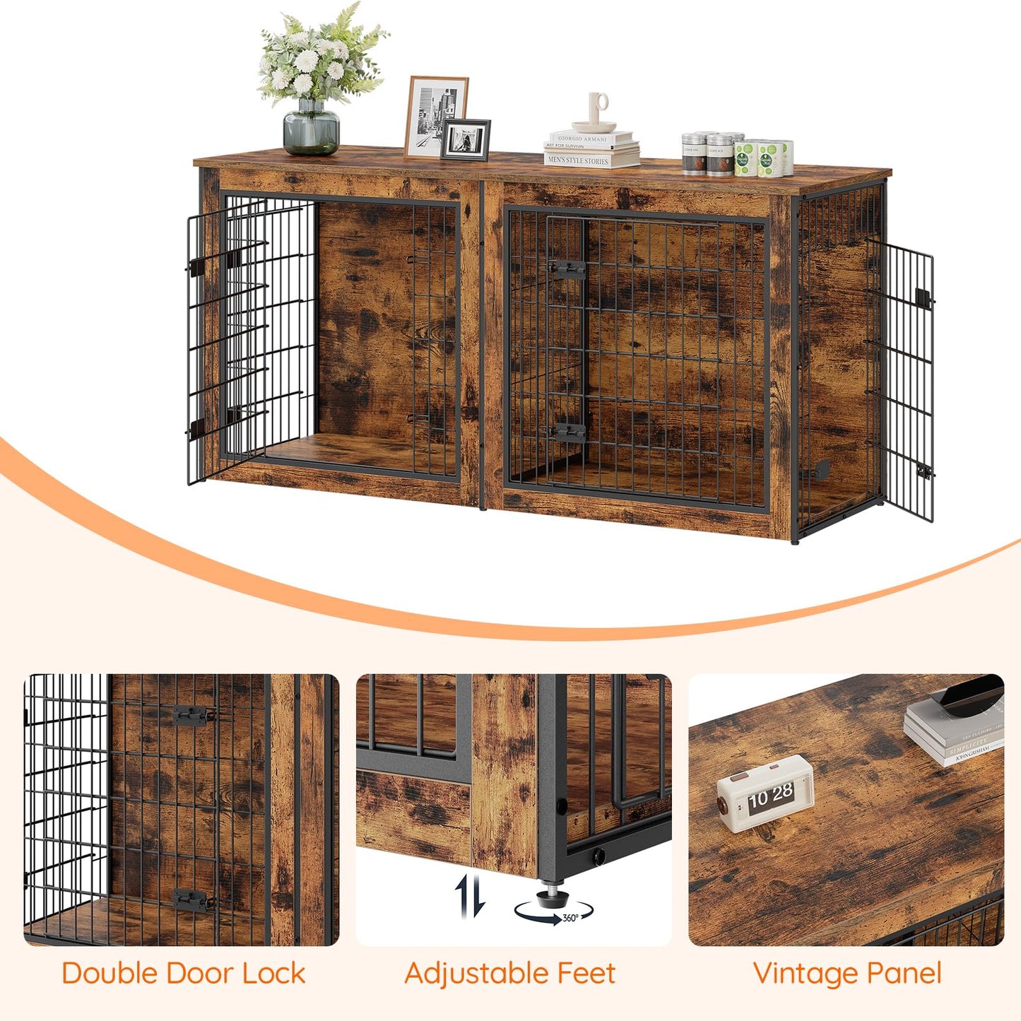HOOBRO Vintage Brown 63-inch Large Double Dog Cage Furniture with Shelves