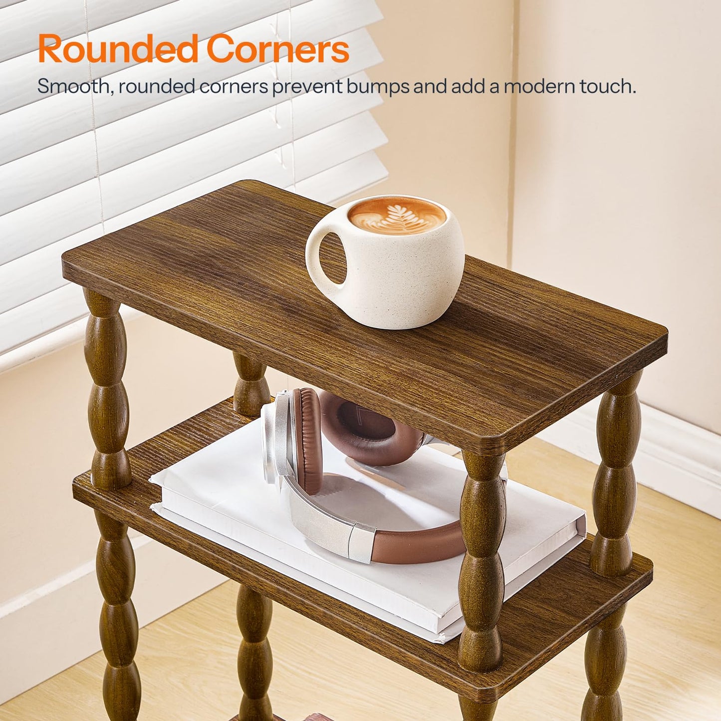 HOOBRO Narrow Side Table, Skinny End Table with Storage, Solid Wood Legs, 3-Tier Bedside Table Nightstand for Small Space, Living Room, Bedroom, Sofa Couch, Walnut WL462BZ01