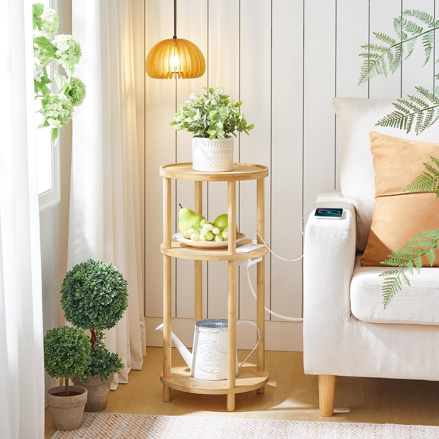 HOOBRO Three-Tier Small Round Side Table with Charging Station