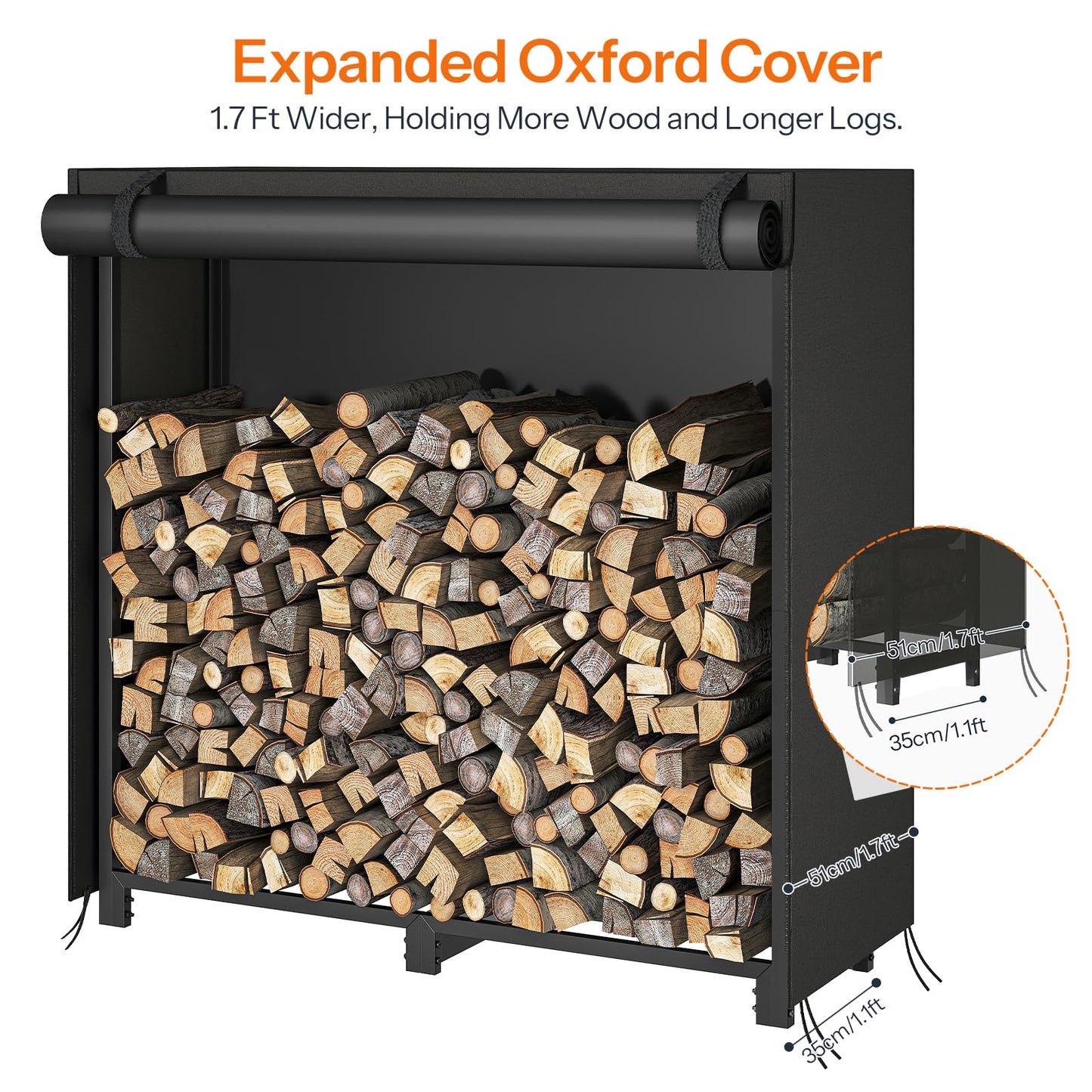 HOOBRO 4FT Adjustable Firewood Rack with 2 Hooks & Cover