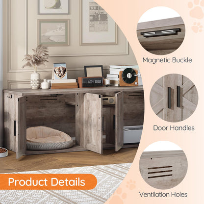 HOOBRO Greige Wooden Double Hidden Litter Box Enclosure with Corridor & Storage Layer & Hooks