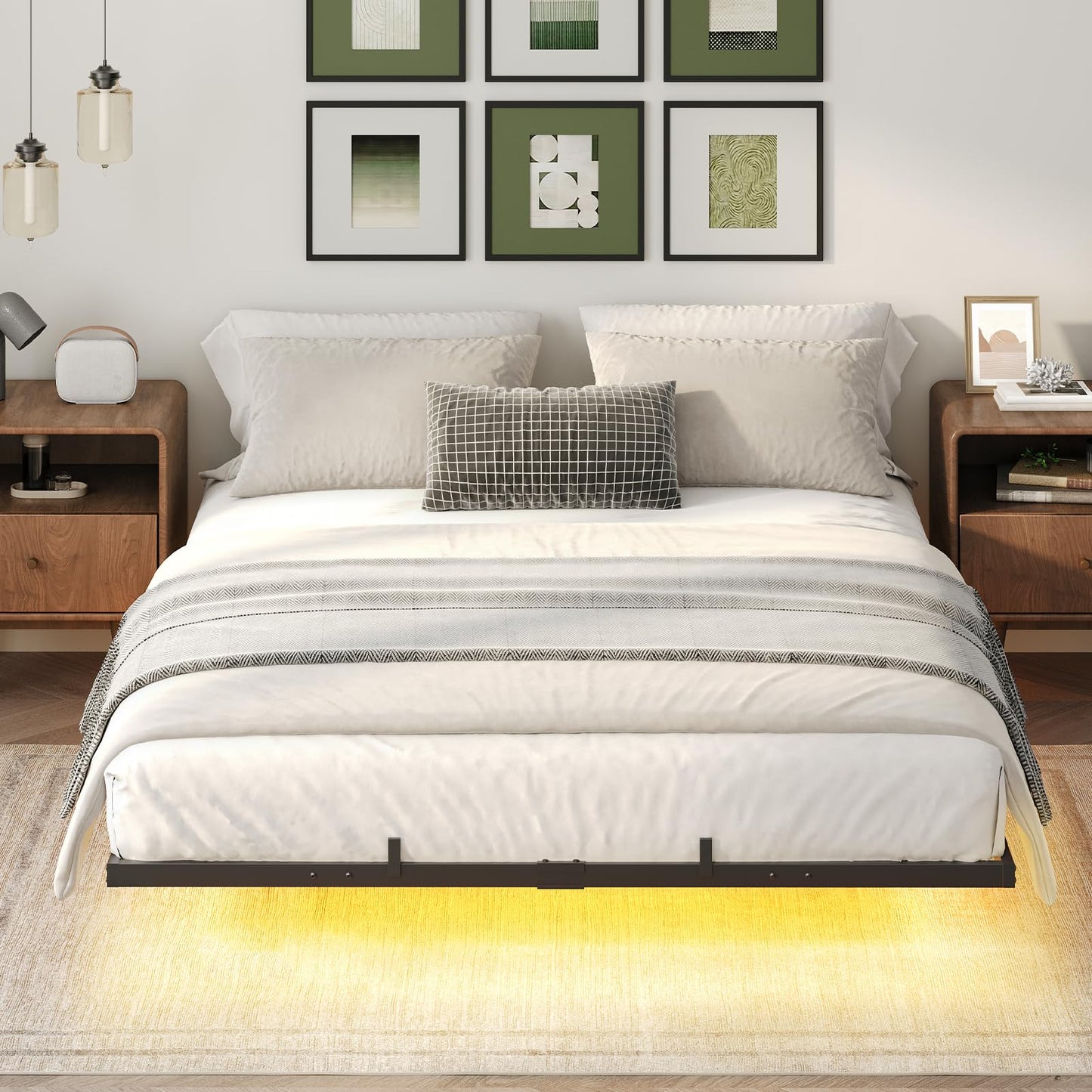 HOOBRO Black Full-Size Industrial Style Metal Suspended Bed Frame with Charging Station & LED Light