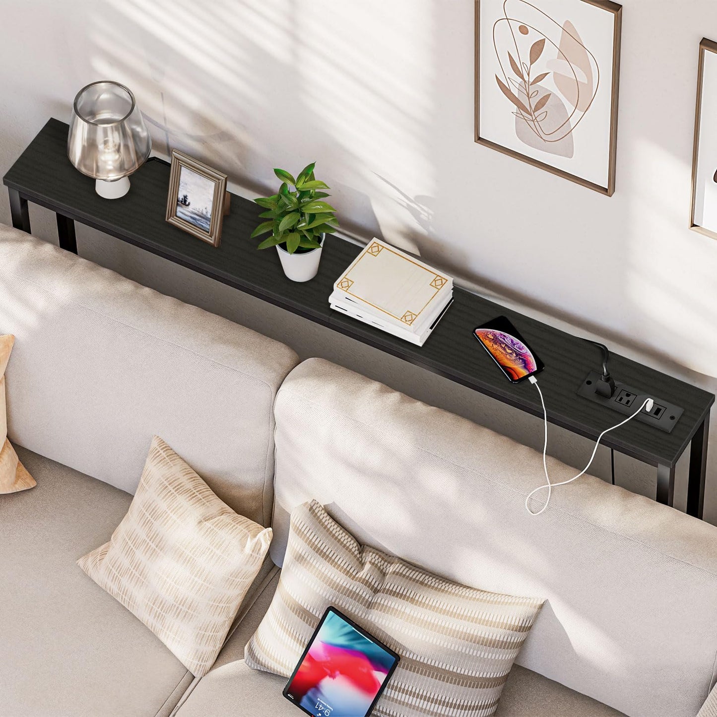 HOOBRO  Black 47.2" Skinny Console Table with Power Outlets