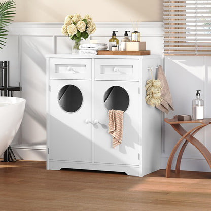 HOOBRO Double Laundry Hamper Cabinet, Hidden Laundry Cabinet with 2 Drawers & 2 Baskets, 20 Gallon Farmhouse Bathroom Laundry Hamper with 2 Clothes-Toss Holes, White WT36XY01