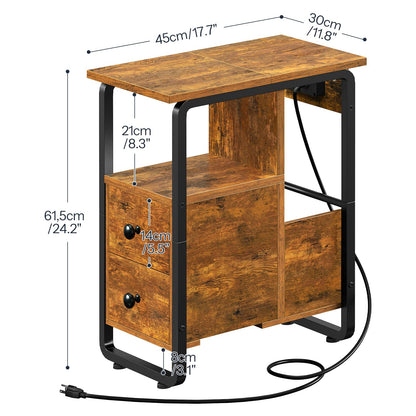 HOOBRO Narrow Nightstand with Charging Station & LED Lights, Narrow Side Table with Fabric Drawer, Open Shelves, Slim End Table for Living Room, Bedroom, Rustic Brown and Black BF430UDBZ01