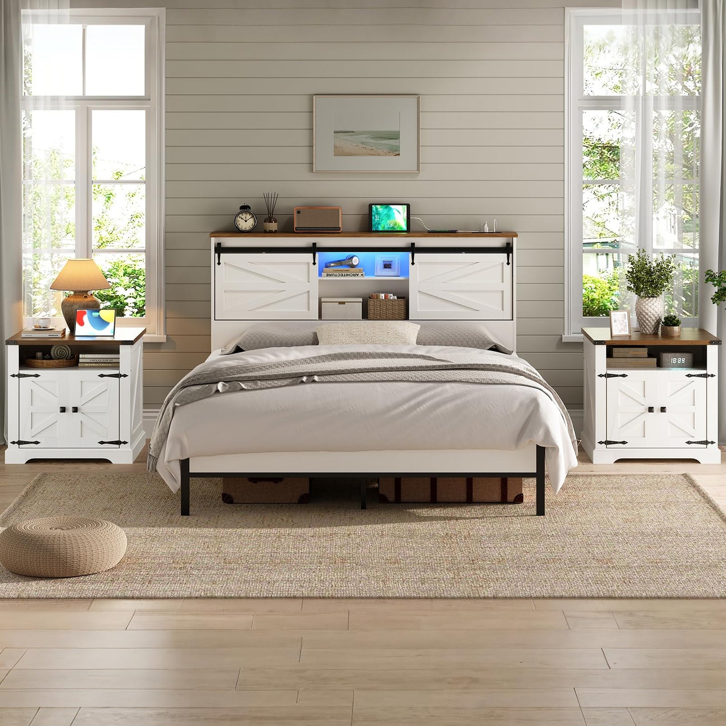 HOOBRO White 23.6-inch Wooden Farmhouse Style Flip-Top Side Table with Charging Station