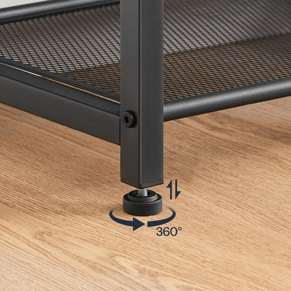 Metal mesh shelf with a wheel on a wooden floor, showing 360-degree rotation.