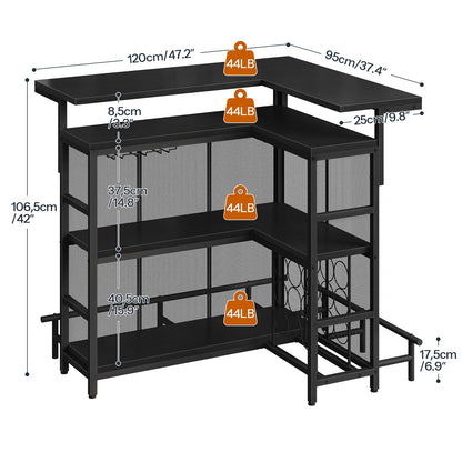 HOOBRO Black L-Shaped Corner Mini Home Bar Counter with App Control & Wine Glass Rack & 4-Tier Shelf & Footrest & LED Light