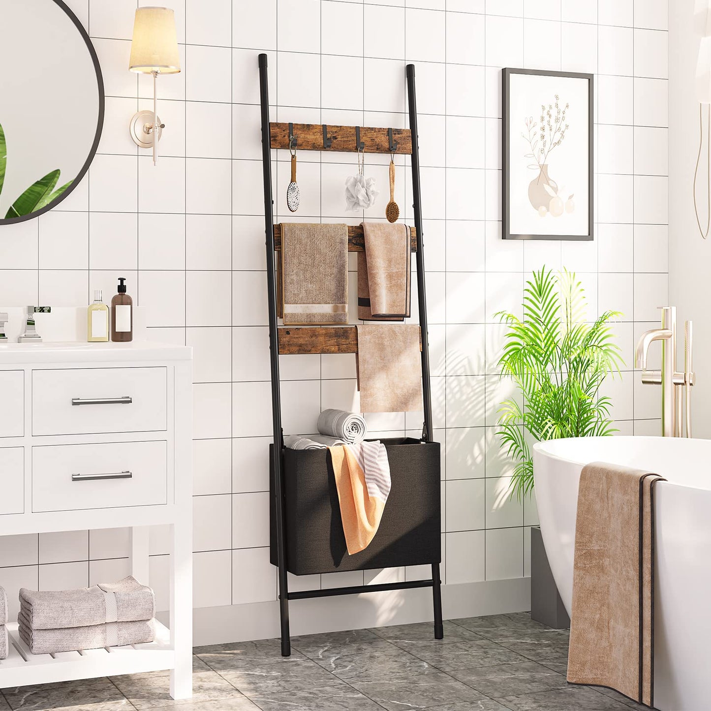 HOOBRO Blanket Ladder Rack with Basket & Hooks