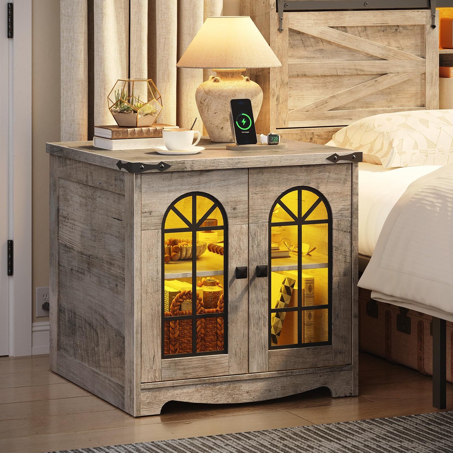 HOOBRO 23.6" Wooden Side Tables & Nightstand with Charging Station & LED Lights