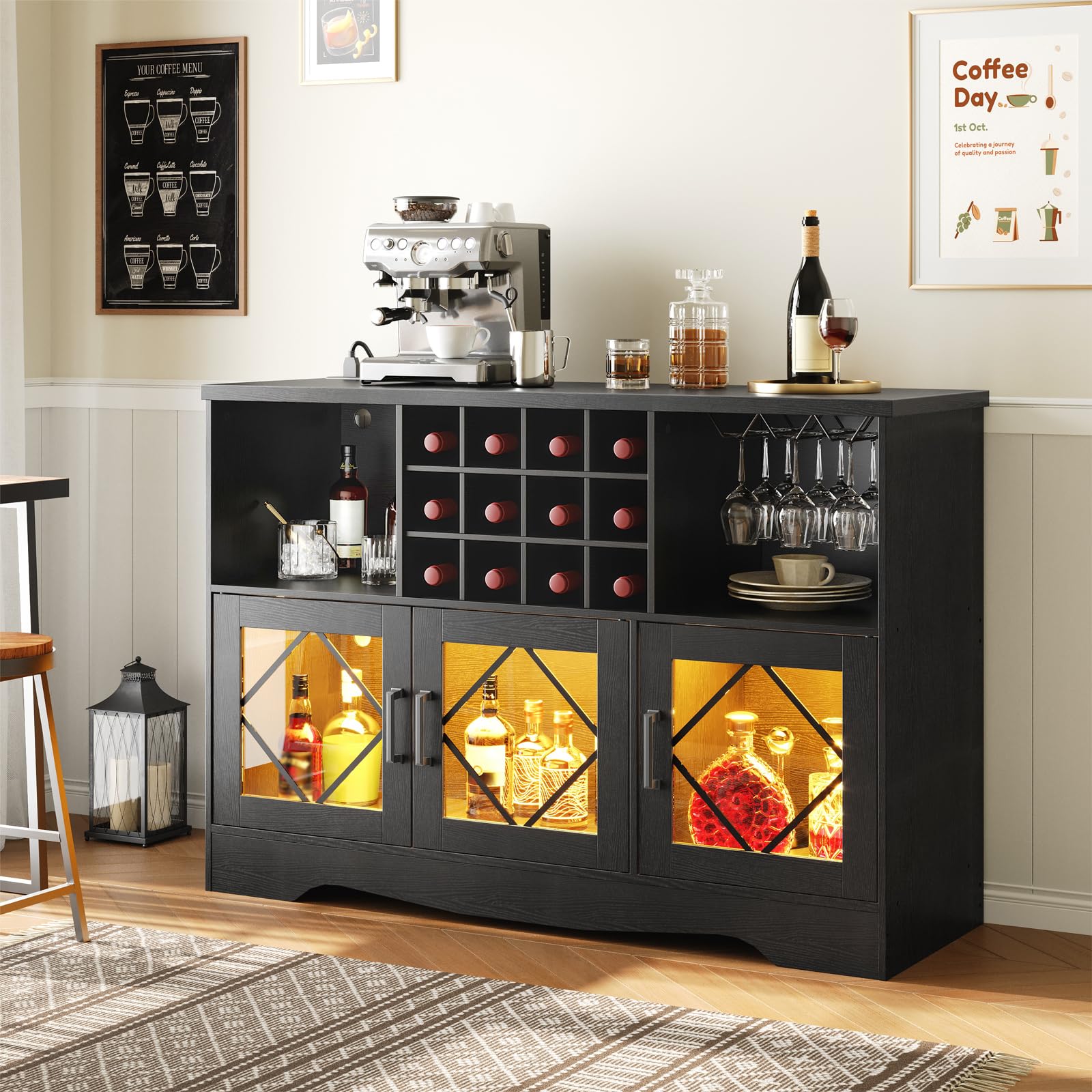 Black bar cabinet with wine bottles and glasses in a home setting