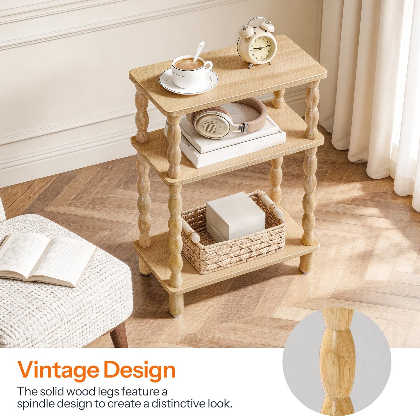 HOOBRO Narrow Side Table, Skinny End Table with Storage, Solid Wood Legs, 3-Tier Bedside Table Nightstand for Small Space, Living Room, Bedroom, Sofa Couch, Natural NL462BZ01